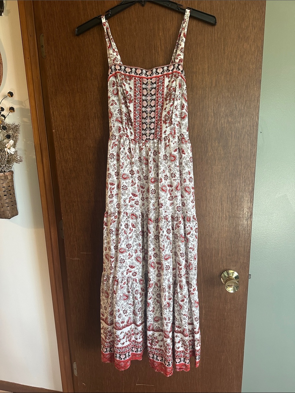 Red & White Printed Maxi Dress with Smocked Bodice